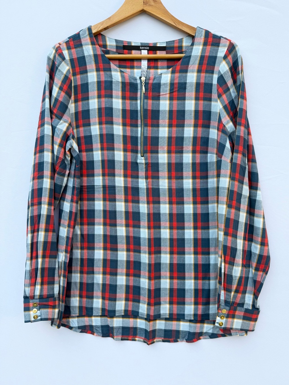 kensie Plaid Half Zip Popover Shirt Red White Blue, Medium Tunic, NWOT